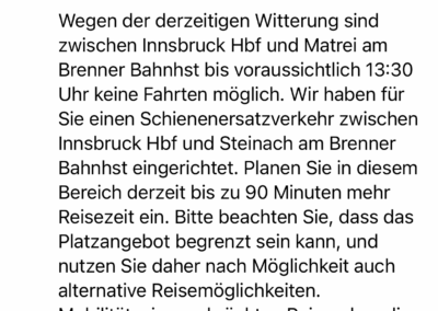 Meldung der ÖBB zum Zugausfall über den Brenner